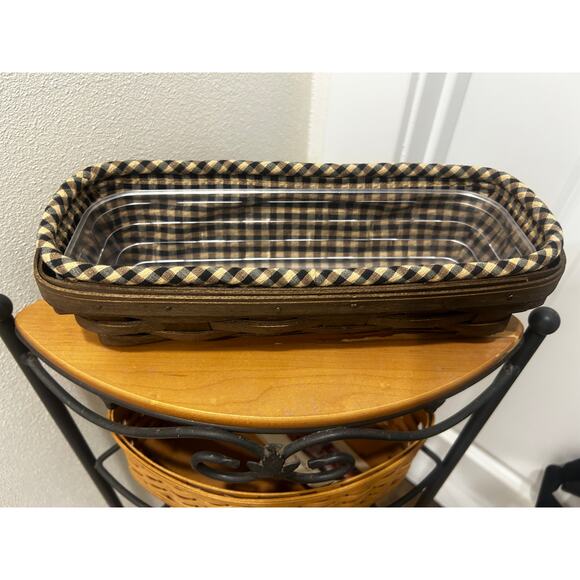 Longaberger Cracker basket Khaki check liner & hard protector Deep Brown - Picture 1 of 5